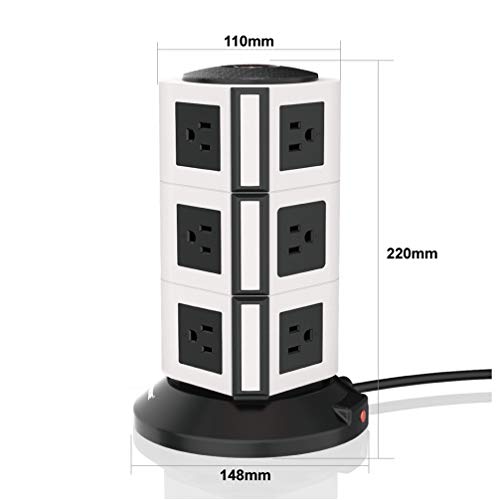 Power Strip Tower SAFEMORE Surge Protector Desktop Charger Station 12 Outlets Multiple Plug Outlet 110V-250V (6.5ft / 2M Long Power Cord) for Small Home, Kitchen and Office Appliance -White +Black