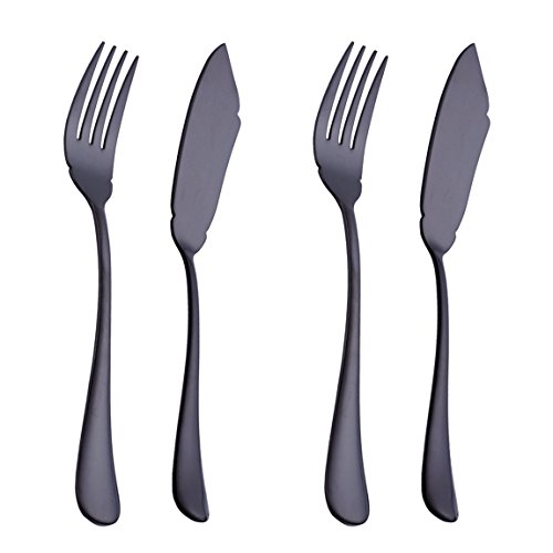 Black 4 Piece 8-inch Stainless Steel Flatware 2 Set with Fish Fork and Fish Knife Table Silverware Dishwasher Safe