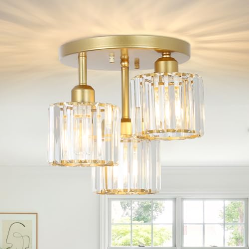 Rayofly Modern Crystal Chandelier, 3 Light Fixture with Glass Shade, Modern Ceiling Light Fixture for Living Room, Bedroom, Kitchen, Hallway, Bathroom (Matte Gold)
