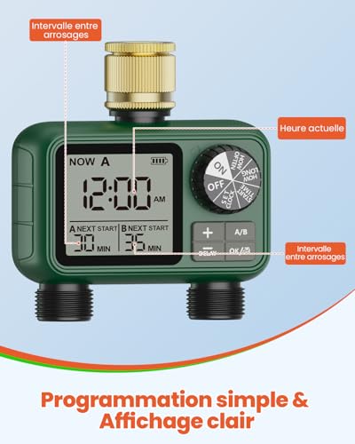 2 Way Water Timer with Brass Inlet, Large LCD Display, Automatic Watering for Garden, Programmable Irrigation, Simple Use, Rain Delay Manual Watering for Lawn