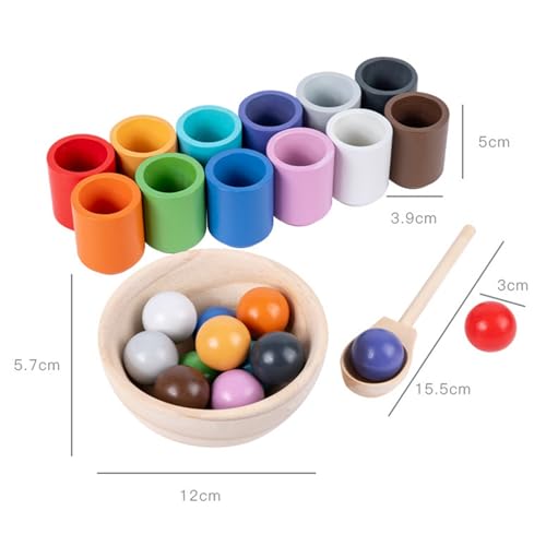 AM ANNA Rainbow Balls in Cups Toddler Montessori Toys for 1 Year Old Up, Kids Preschool Wooden Sorting Toys, Color Matching Games for Learning Sorting and Counting (12 Colors)