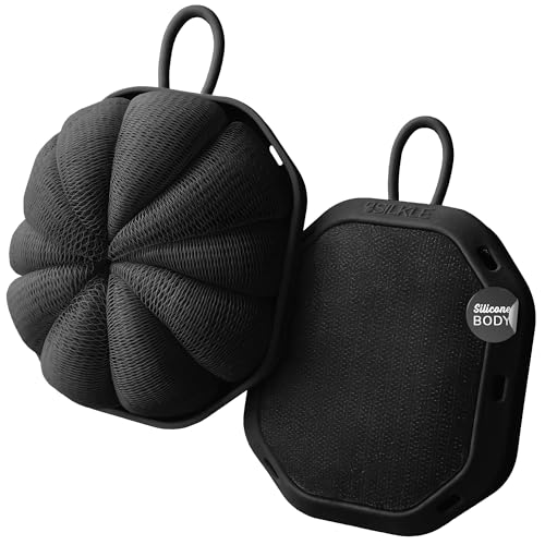 SILKLE Double-Sided Shower Loofah - Exfoliating Body Scrubber & Shower Scrubber for Men & Women, Non-Slip Silicone Grip, Soft Mesh & Firm Sides, 2-in-1 Bath Sponge and Bath Loofah - 2 Pack, Black