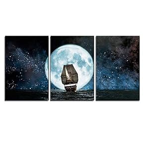 Moon Boat and Reflection in The Water x3 Panels