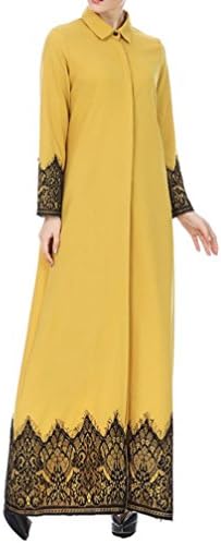 Ganenn Women Muslim Dress Dubai Kaftan Long Sleeve Long Dress Abaya Islamic Clothing Gown Jalabiyas (Medium, Yellow)