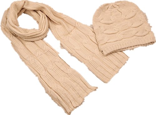 New Winter Warm Women Wool Hat/Scarf Set Women Knitted Hats Scarf Beige
