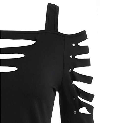 Womens Fashion Shoulder Cut Lacerated Sleeve T-Shirt Hollow Out Casual Tops (Size:L, Black)