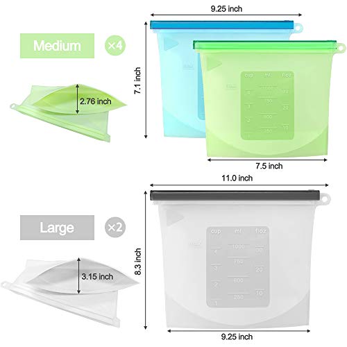Reusable Silicone Food Storage Bags (Set of 6)-2xLarge 50oz, 4xMedium 30oz, Sungwoo Airtight Seal Food Preservation Bags/Food Grade/Versatile Container for Vegetable, Liquid, Snack, Meat, Sandwich - Thumbnail 6