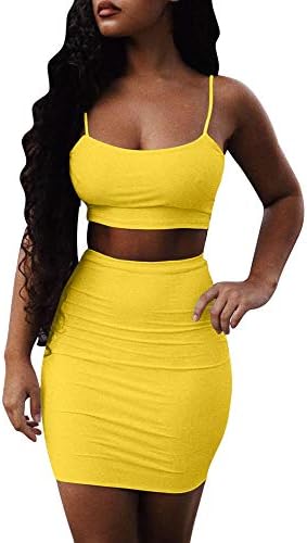 Women's 2 Piece Outfits Sexy Bodycon Spaghetti Strap Crop Top with Mini Skirt Set