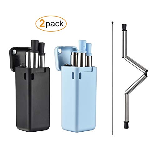 Btsgd 2 Pack Collapsible Reusable Straws Silicone Straw Food-grade BPA Free Foldable Stainless steels Metal Straw with Case and Cleaning Brush.(blackblue)