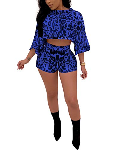 Sexy 2 Piece Outfits Snakeskin Print Bodycon Set Long Sleeve Crop Top Blue