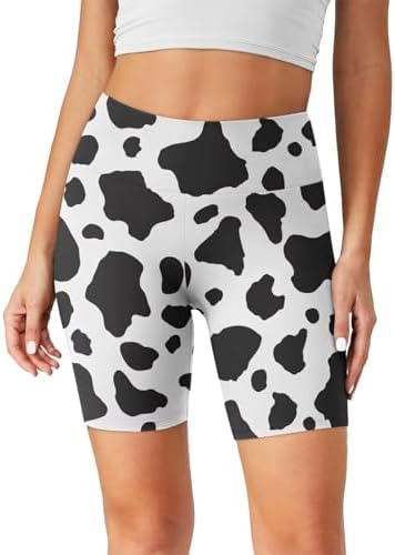 BIGCARJOB Black Cow Print High Waisted Biker Shorts for Women