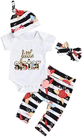 Monbebe 4Pcs Baby Girls Summer Little Sister Romper+Flower Print Pants+ Headbands+ Hats Outfits