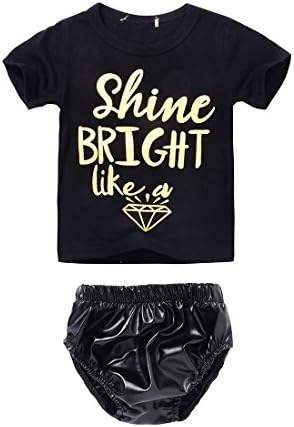 Newborn Baby Boys Girls Letters Print Short Sleeve T-shirt Top + PU Shorts Outfits Clothes Set (6-12 Months, Black)
