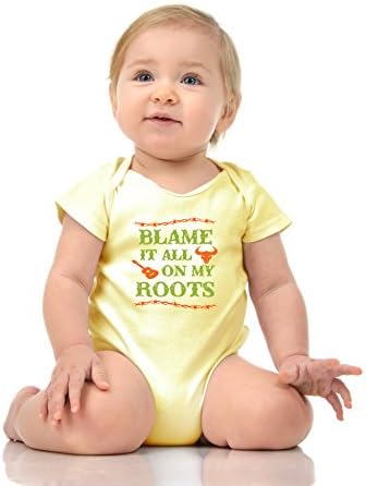 Pure Soul Blame IT On My Roots - Funny Country Baby Romper Onesie Unisex WARPPED and Protected With A Clear Poly Bag (12-18 Months, Banana)