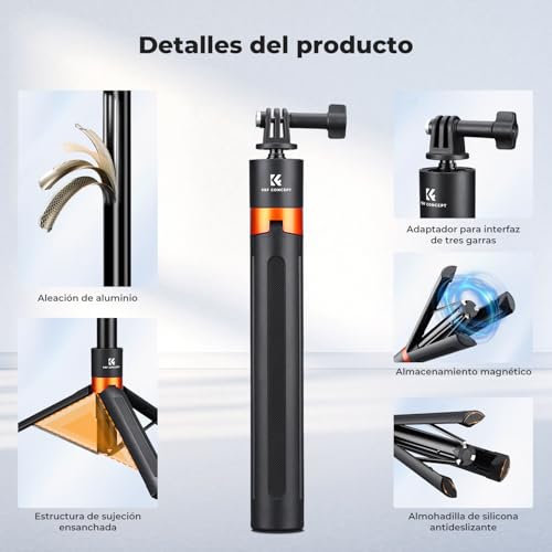 K&F CONCEPT Trípode y Selfie Stick Telescópico de 142 cm / 55,9", Bastón Portátil 2 en 1 con Base, Compatible con dji Osmo Action 6, dji Osmo Action 5 Pro/4/3, GoPro Hero 13/12/11/10/9/8