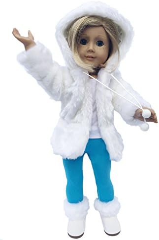MangoPeaches 18" Doll Winter Snow Coat - 3 pc Deluxe Set - 18" Doll Clothes: Fashion Winter Coat with Pom Poms - Leggings - White Fuzzy Boots - Designed USA!!!