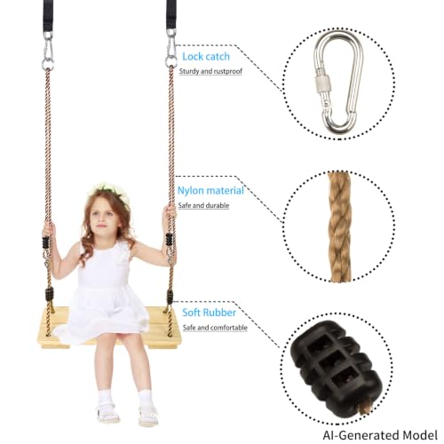 KINSPORY Children's Wooden Swing Outdoor Wooden Swing with Adjustable Hemp Rope - For Indoor and Outdoor Use, Maximum Load 130 kg
