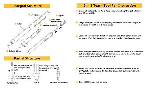 Falytemow 6 in 1 Multi Tool Tech Pen Multifunction as 0.7mm Black Ballpoint Pen Touchscreen Stylus Ruler Level Flathead and Phillips Screwdriver Cool Pen for Christmas or Valentine Gift (2pcs Yellow) - Thumbnail 5