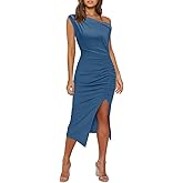 OWIN Women's Sexy Elegant Off Shoulder Sleeveless Side Slit Ruched Bodycon Wedding Guest Cocktail Party Midi Dress