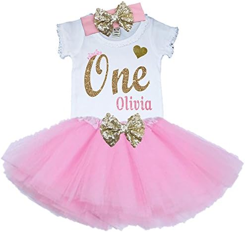 Bella Fashion Kidz Girl First Birthday Tutu Outfit Pink and Gold Personalized 1st Glitter Dress Set