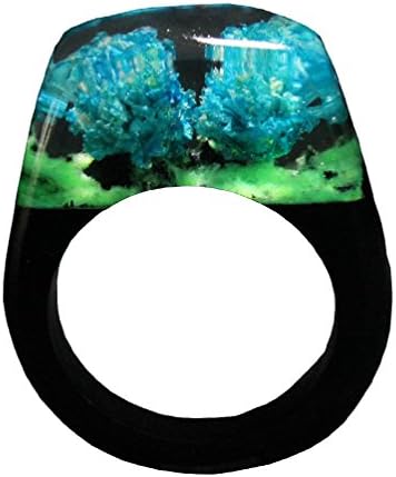 CUZIR Resin Wood Ring, Blue Real Flowers Statement Rings Glow Green in Dark Landscape Magic Ring as Gifts for Birthday, Christmas, Anniversary, Mother's Day, Valentine' Day US Size 9