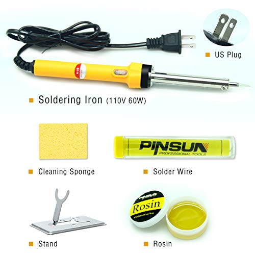 Soldering Iron, Soldering Iron Kit Electronics 60W 110V, Chrome Plated Steel Straight Tip Head Design with Power Indicator Light, Solder Wire 1.0mm Dia, Rosin, Cleaning Sponge, Holder