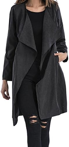 CrazyDay Women Pure Color Fashion Modern Lapel Mid Tie Windbreakers Parka Black M