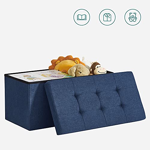 SONGMICS Banco de Almacenamiento, Puff Almacenaje de 76 cm, Baúl de Almacenaje, Taburete Reposapiés, Azul Oscuro MLSF47IN