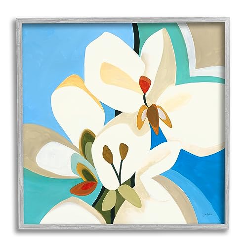 Stupell Industries Modern Blue & White Blossoms Gray Framed Giclee Art Design b…