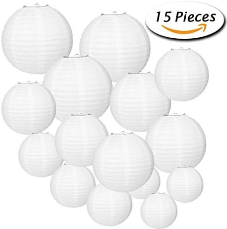 White Round Chinese Paper Lanterns for Weddings Receptions Holidays Decorations Arts and Crafts - 15 Pack with 14, 12, 10, 8 and 6 inch Bulk Assortment of 3 Each