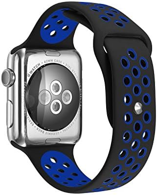 Tounique Watch Band for Apple Watch Strap Wristbands Double Color Perforated Replacement Band for 38/42mm Apple Watch Series 3/2/1/Sport Edition 9colors (Black+blue, 42MM)