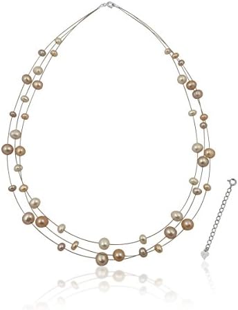 Pearls N Silver Bridal Sterling Silver Cultured Pearl Illusion Necklace 18" 20" inch 3 or 6 strands (Pastels 3 str. 18"-20" wire)