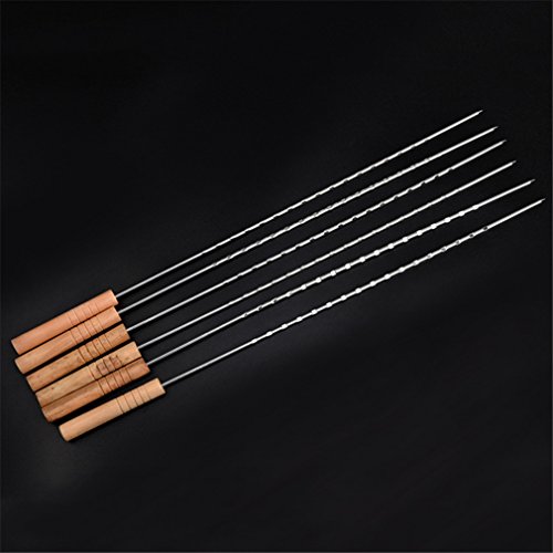 VolksRose 6 Pcs Stainless Steel Barbecue Skewers Set - Wide BBQ Kabob Grilling Sticks With Wooden Handle To Protect Your Hands
