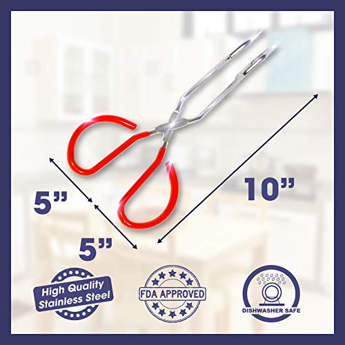 Premium Stainless Steel Scissor Tongs Extra Long With Red Silicone Handle by Okey Kitchen, Great Scissors Tongs For Kitchen, Food, Cooking, Baking & BBQ (10")