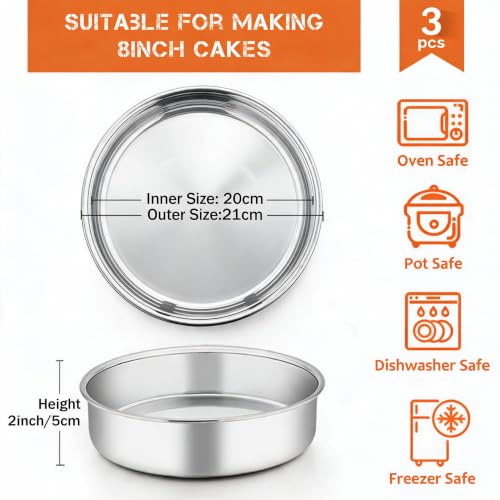 Homikit 8 Inch Cake Tin Set of 3, Stainless Steel Round Cake Baking Pans | One-Piece Mould, Healthy & Sturdy, Mirror Finished & Dishwasher Safe, Great for Birthday Christmas Cakes, Bread, Roasting