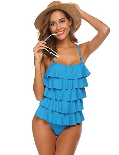 MAXMODA Ladies Swimsuits Ruffled Beach Bathing Suit Tummy Control One Piece Swim Suits Monokini Swimwear Sky Blue - Thumbnail 5