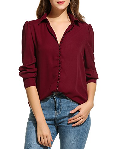Zeagoo Women Long Sleeve Button Down Chiffon Blouse Shirt Solid Top,Wine Red,Small