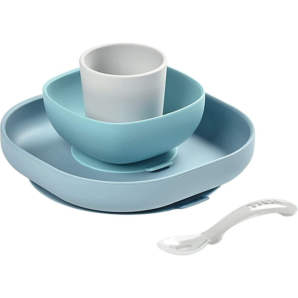 Béaba - Silicone Feeding Meal Set - Set of 4 Pieces : Plate + Bowl + Cup + Spoon - Silicone with Strong Suction pad - Baby and Children - Jungle
