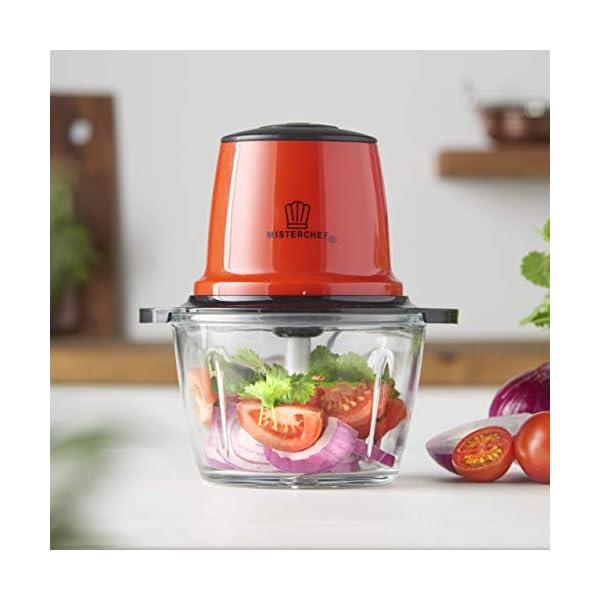 MisterChef-Red-Mini-Chopper-Mini-Food-Processor-3-bi-Level-Blades-Energy-Saver-200W-with-Turbo-15L-Food-Capacity-Glass-Bowl-2-Year-Warranty-Metallic-Red MisterChef® Red Mini Chopper Mini Food Processor 3 bi-Level Blades - Energy Saver 200W with Turbo - 1.5L Food Capacity…