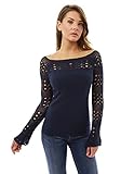 PattyBoutik Women's Boat Neck Crochet Inset Sweater
