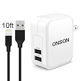 ONSON iPhone Charger,4.8A 24W Dual USB Portable Travel Wall Charger Adapter with Foldable Plug+6FT Extra Long Apple Lightning Cable Charging Cord for iPhone 7/7Plus/6S/6S Plus/6/5S/SE/5C,iPad Air