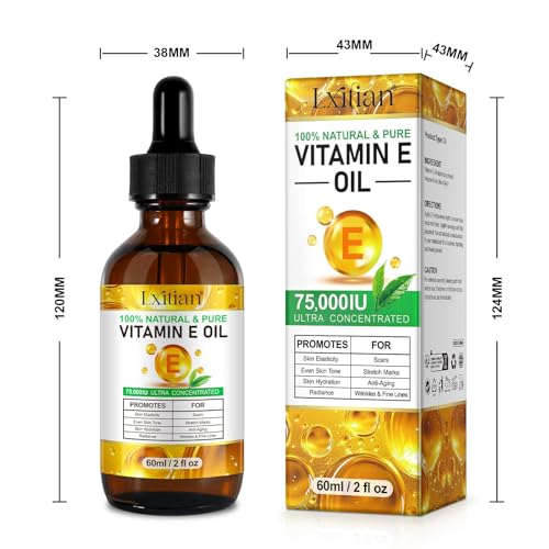 Pure Vitamin E, 100% Natural Vitamin E Oil for Skin, Organic Vitamin E Oil 75,000 IU, for Scars and Stretch Marks, Hydration of Dry Skin and Reduces Wrinkles, Firming Skin, 60 ml