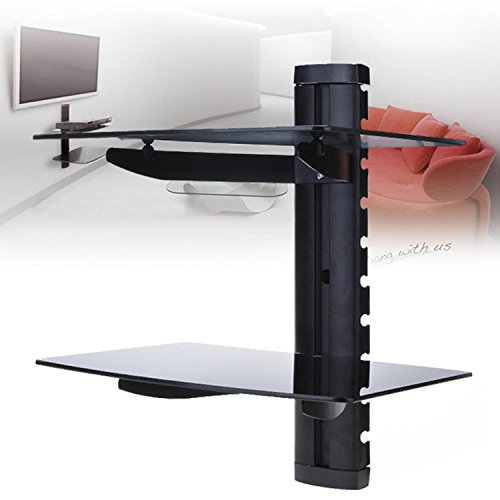 Evokem Wall Mount DVD DVR Bracket, Adjustable Dual Glass Shelf for DVD Players, Cable, Boxes, Games, Consoles and TV Accessories
