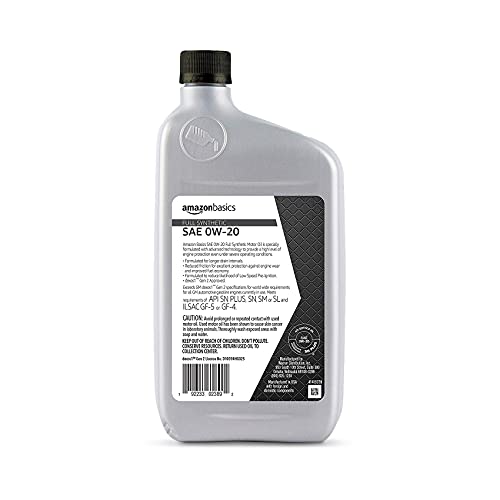 Amazon Basics Full Synthetic Motor Oil, SN Plus, 0W20, 1 Quart, 6 Pack
