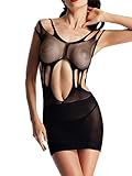 Amoretu Sexy Lingerie Mesh Mini Chemise Minidress Strappy Babydoll Black