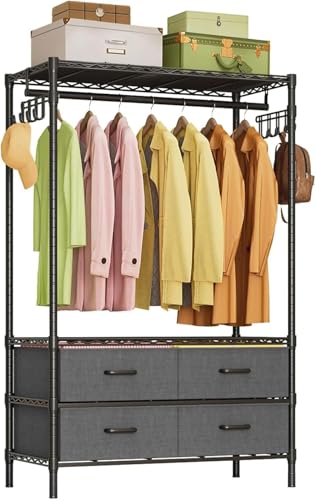 Estante de Ropa,Perchero de Pie Armario,Burro Ropa,Armario de Metal con Estantes Ajustables,con 4 cajones extraíbles,Perchero de Ropa Resistente,Organizador Metálico Independiente para Closet