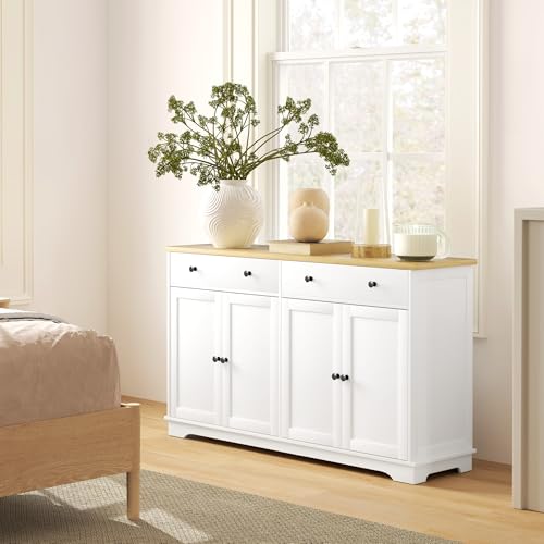 HOMCOM Sideboard Buffet Cabinet with Storage, 55" Kitchen Cabinet with Adjustable Shelves, 2 Drawers and 4 Doors, Coffee Bar Cabinet with Rubberwood Tabletop, White