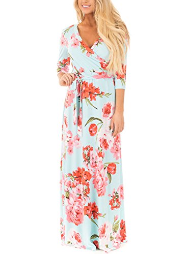 AlvaQ Women Wrap V Neck Waist with Tie Floral Maxi Dress (10 Printed,S-XXL)