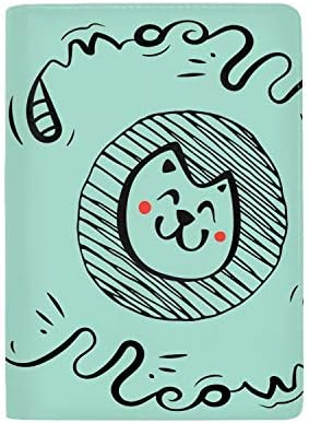 Leather Passport Cover - Holder - for Men & Women - Hand Drawn Doodle Cat Icon Passport Case