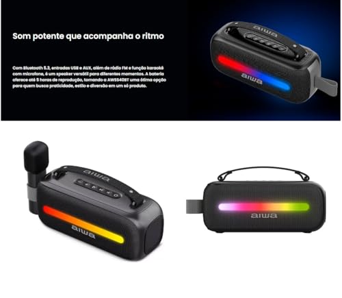 Aiwa Bocina Portátil Bluetooth AWS40BT con 12W de Potencia, Micrófono Inalámbrico para Karaoke, Luces RGB, Batería 6.5H, USB-C, Sonido Envolvente y Diseño Ideal para Fiestas y Reuniones